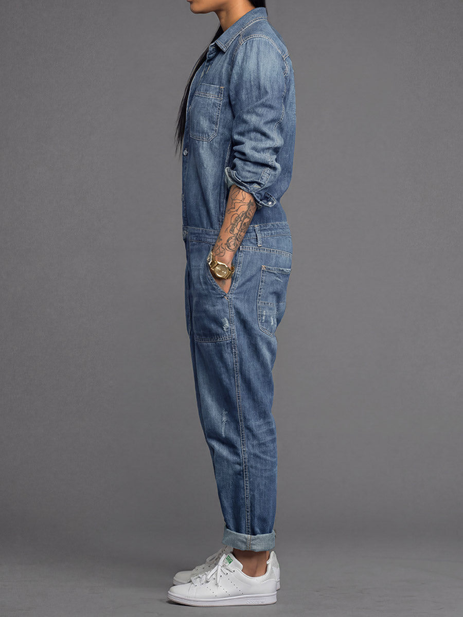 Women's Denim Coverall Jumpsuit with Button Front and Utility Pockets