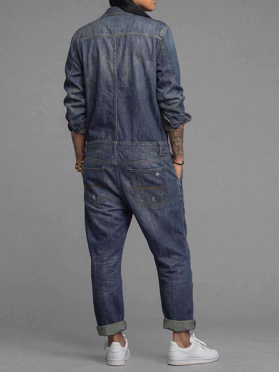 Women's Denim Coverall Jumpsuit with Button Front and Utility Pockets