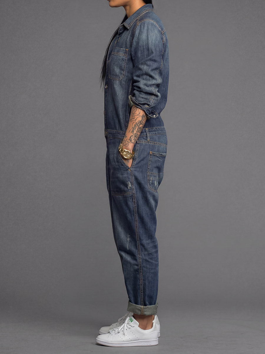 Women's Denim Coverall Jumpsuit with Button Front and Utility Pockets
