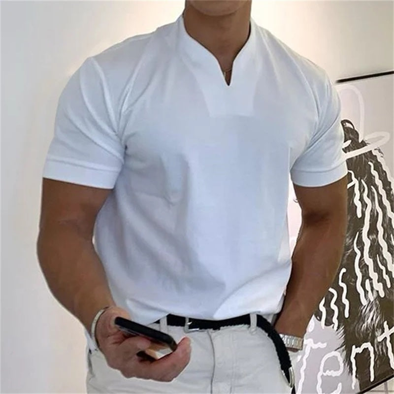Men's T-Shirt, Monochrome Cotton V-Neck Short Sleeve