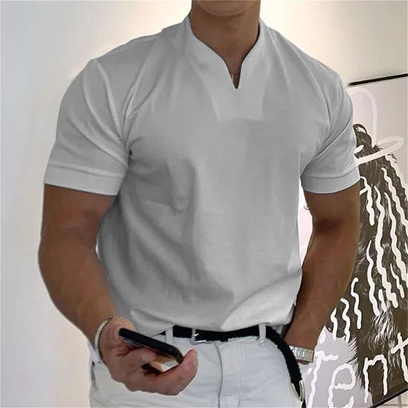 Men's T-Shirt, Monochrome Cotton V-Neck Short Sleeve