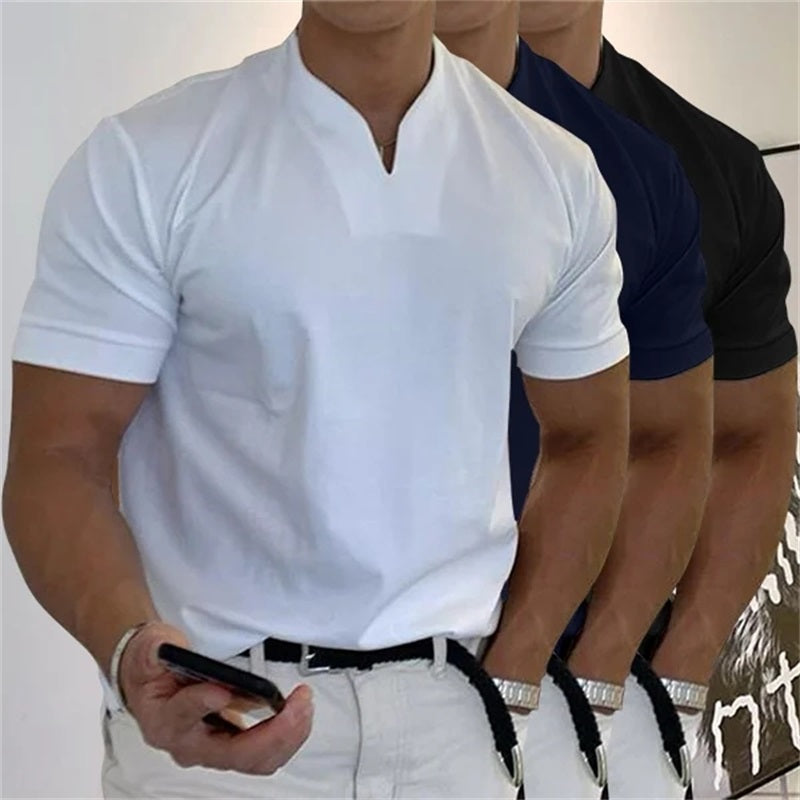 Men's T-Shirt, Monochrome Cotton V-Neck Short Sleeve