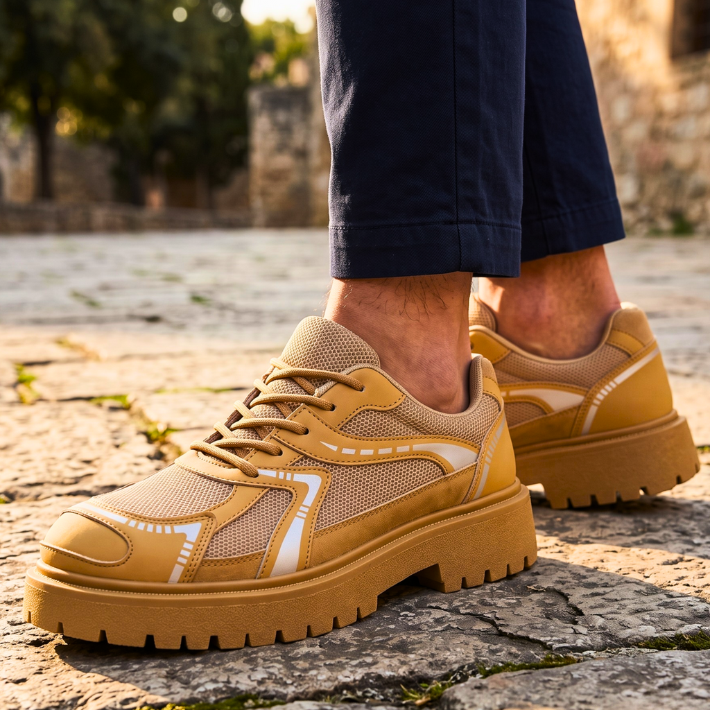 Men's Shoes with Lug Sole, Layered Paneling and Retro Sneaker Base