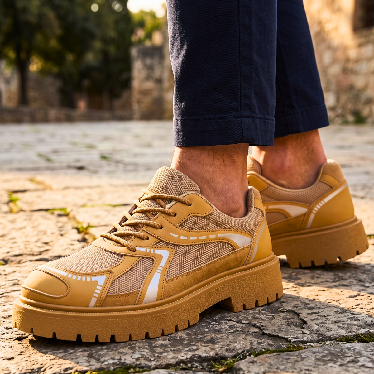 Men's Shoes with Lug Sole, Layered Paneling and Retro Sneaker Base