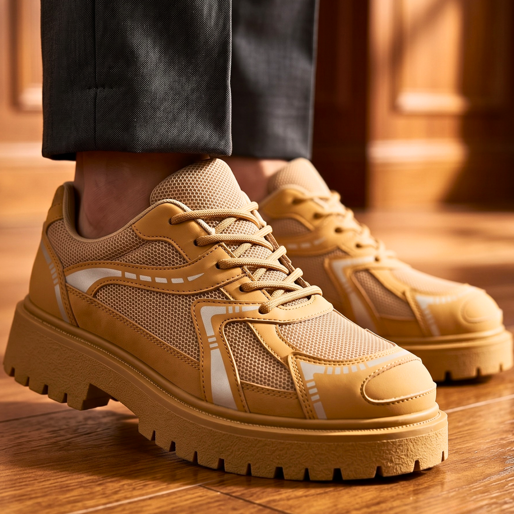Men's Shoes with Lug Sole, Layered Paneling and Retro Sneaker Base