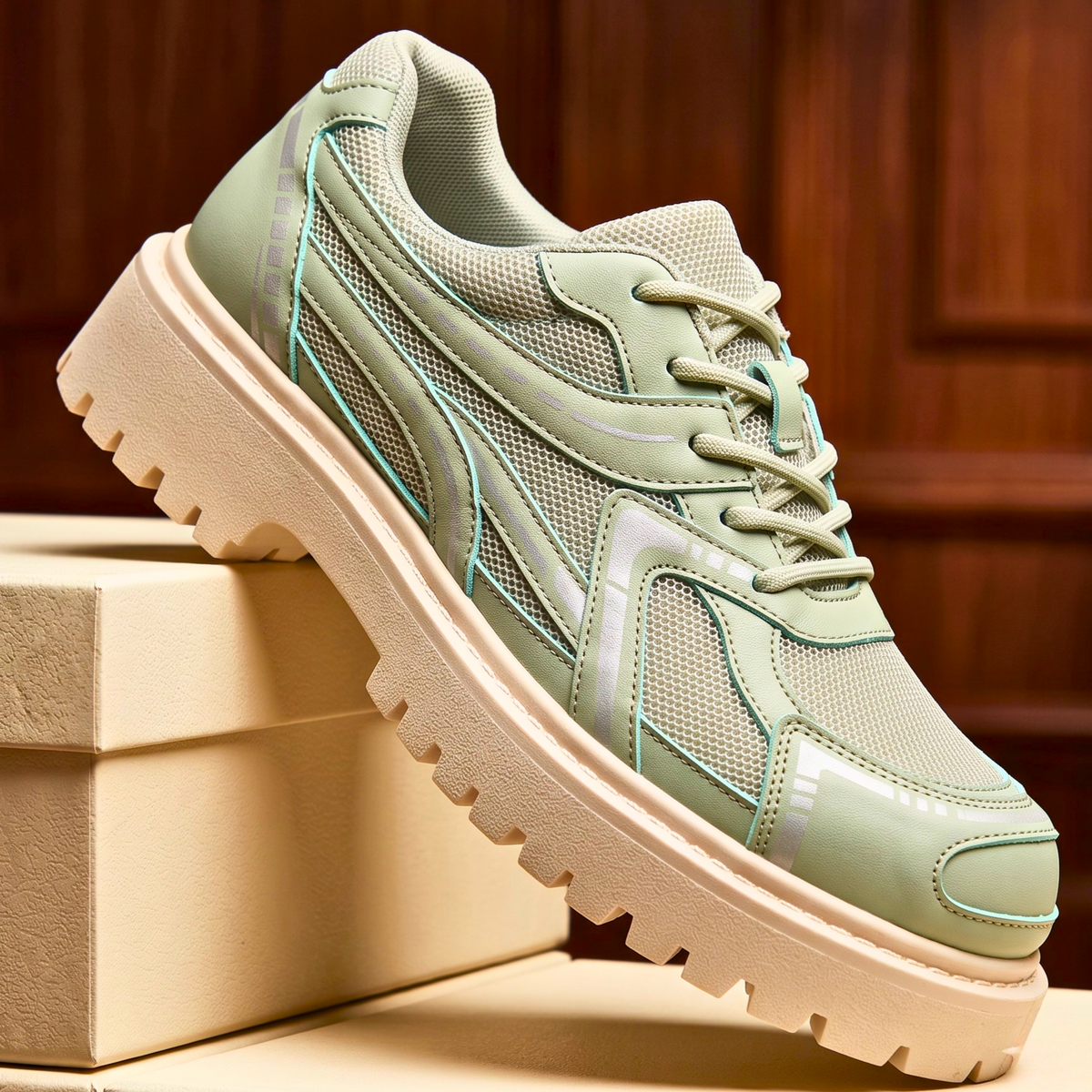 Men's Shoes with Lug Sole, Layered Paneling and Retro Sneaker Base