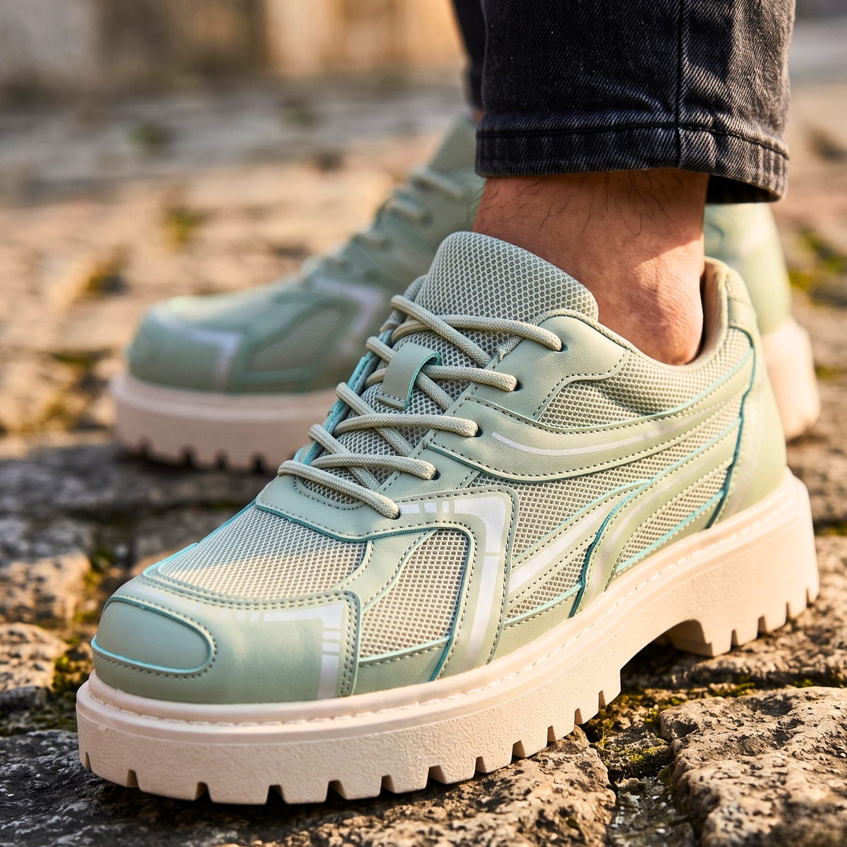 Men's Shoes with Lug Sole, Layered Paneling and Retro Sneaker Base