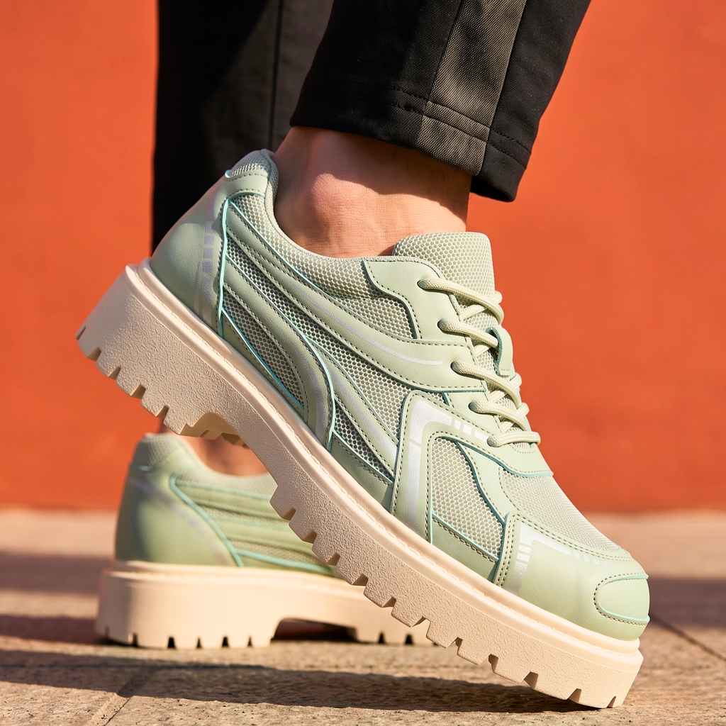 Men's Shoes with Lug Sole, Layered Paneling and Retro Sneaker Base