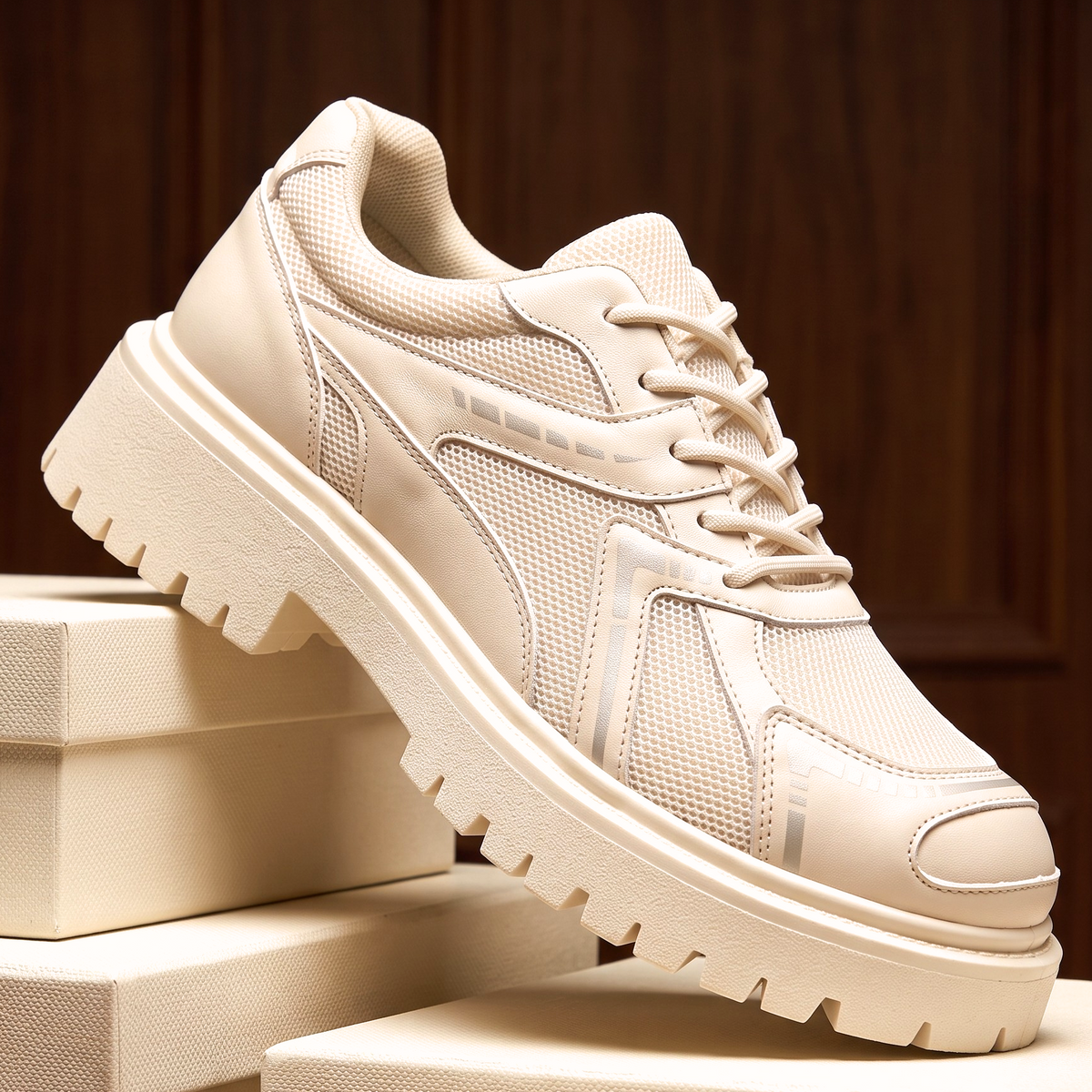 Men's Shoes with Lug Sole, Layered Paneling and Retro Sneaker Base