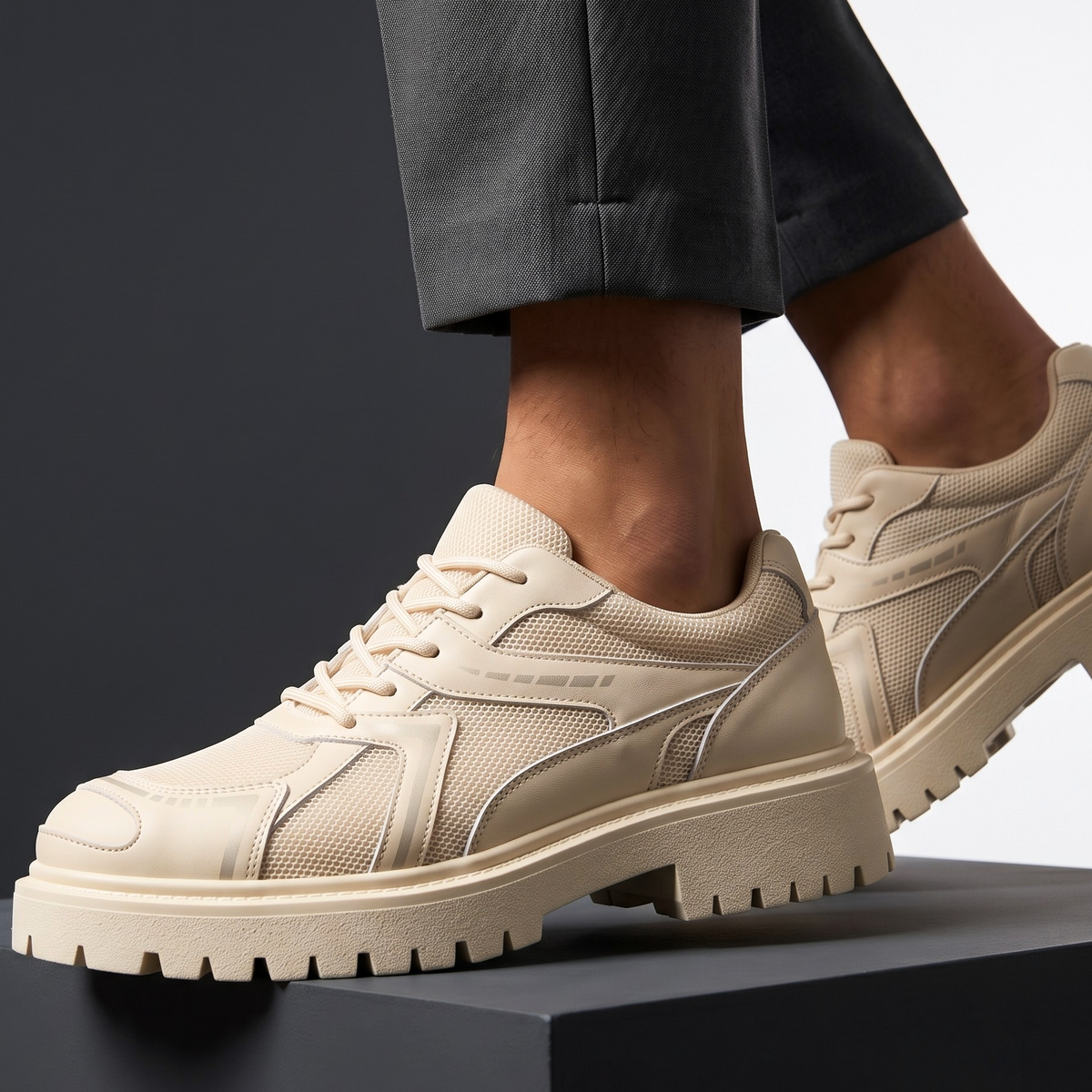 Men's Shoes with Lug Sole, Layered Paneling and Retro Sneaker Base