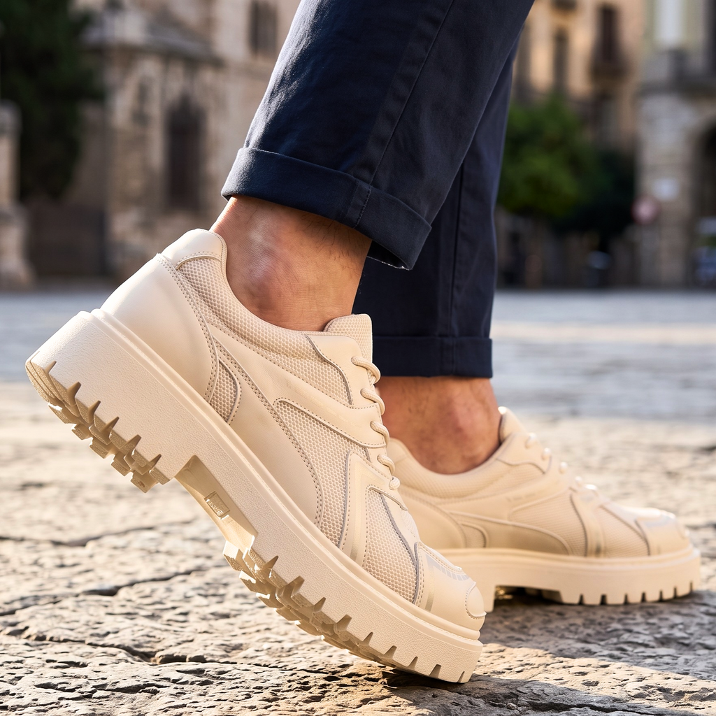Men's Shoes with Lug Sole, Layered Paneling and Retro Sneaker Base