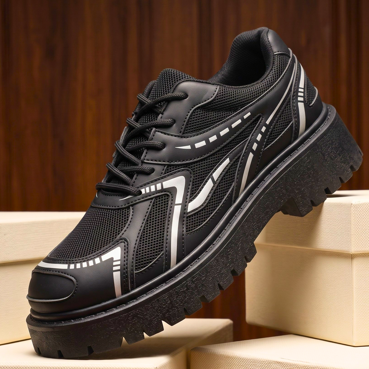 Men's Shoes with Lug Sole, Layered Paneling and Retro Sneaker Base