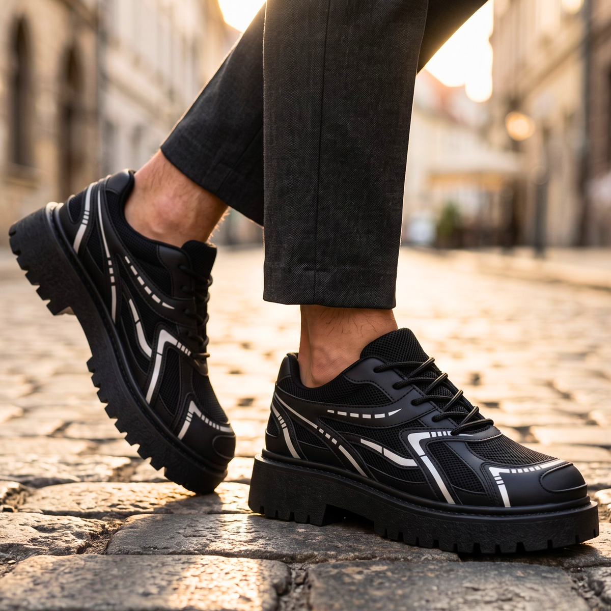 Men's Shoes with Lug Sole, Layered Paneling and Retro Sneaker Base