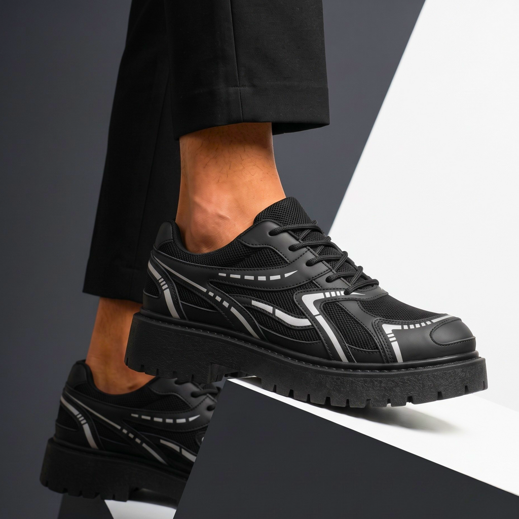 Men's Shoes with Lug Sole, Layered Paneling and Retro Sneaker Base