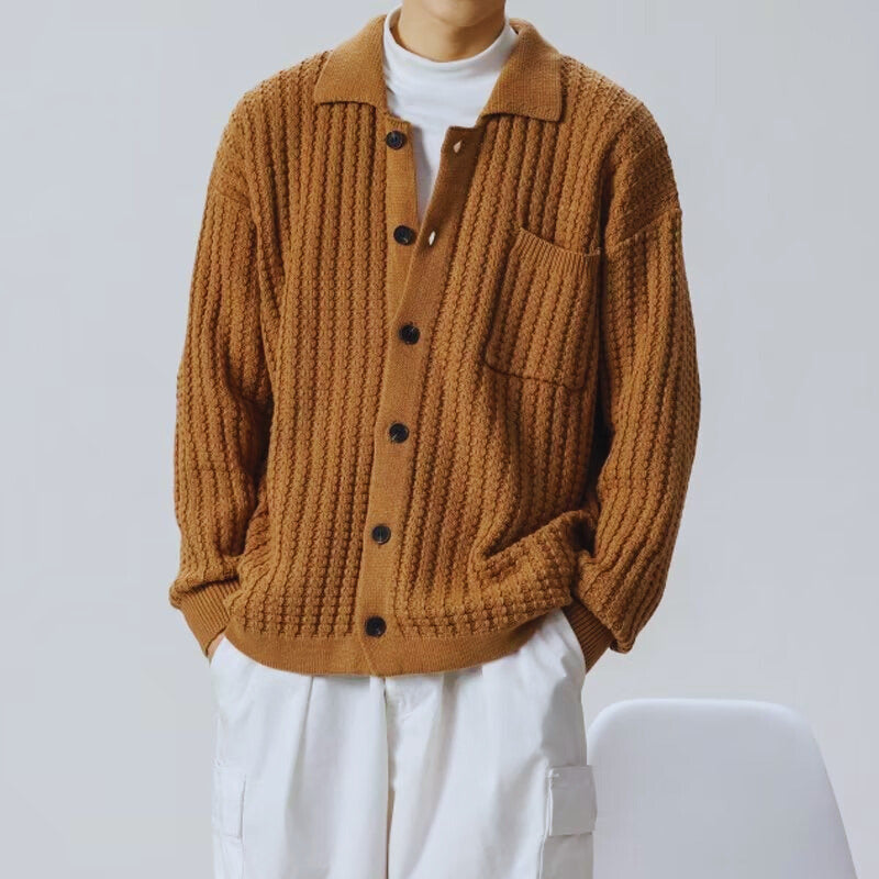 Men's Cable Knit Cardigan with Button Front and Relaxed Fit
