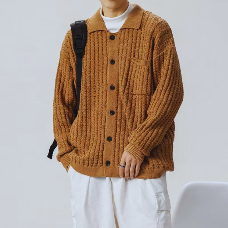 Men's Cable Knit Cardigan with Button Front and Relaxed Fit