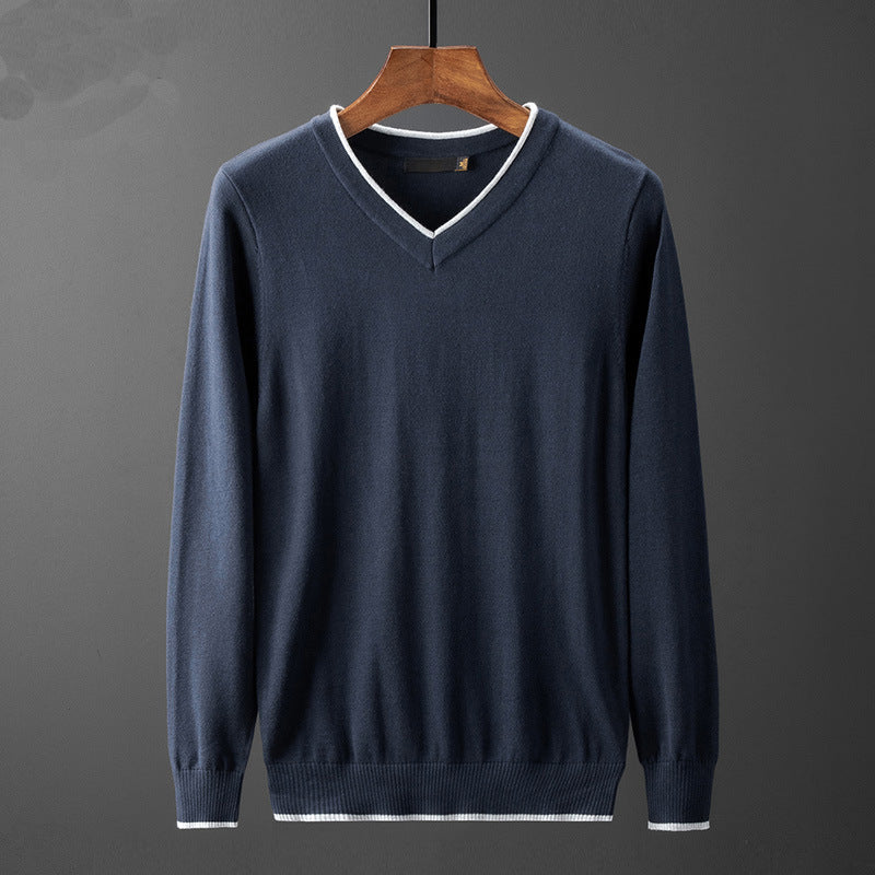 Men's Lightweight Knit V-Neck Sweater with Contrasting Collar
