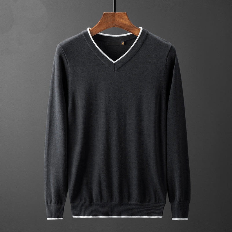 Men's Lightweight Knit V-Neck Sweater with Contrasting Collar