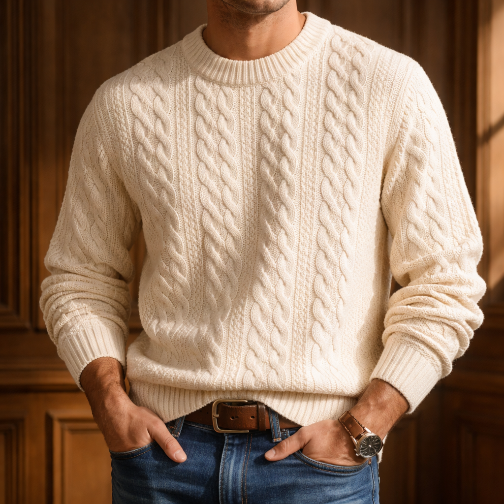 Men's Sweater with Cotton-Blend Cable Knit and Ribbed Crew Neck