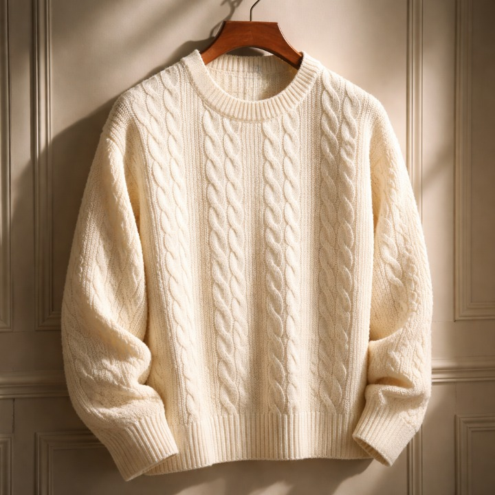 Men's Sweater with Cotton-Blend Cable Knit and Ribbed Crew Neck