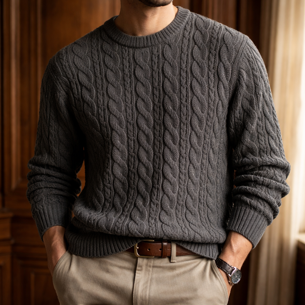 Men's Sweater with Cotton-Blend Cable Knit and Ribbed Crew Neck