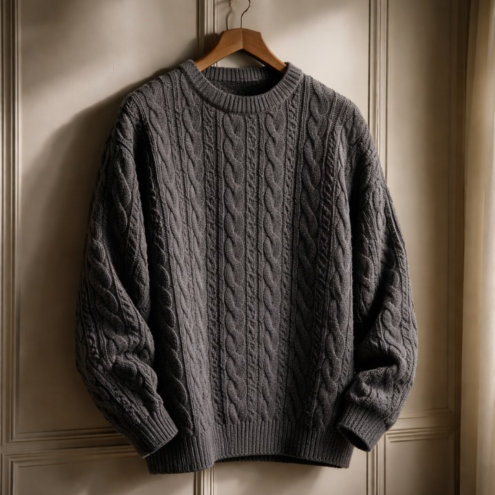 Men's Sweater with Cotton-Blend Cable Knit and Ribbed Crew Neck