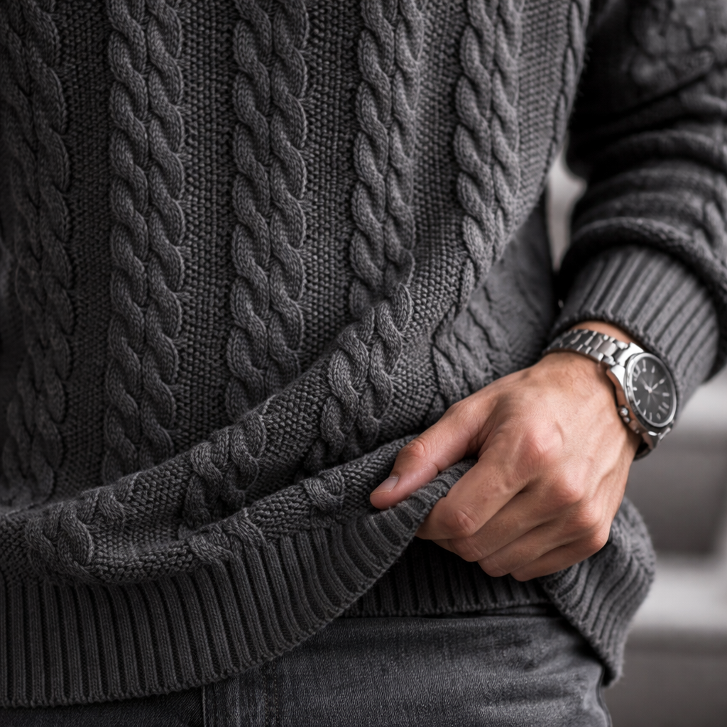 Men's Sweater with Cotton-Blend Cable Knit and Ribbed Crew Neck