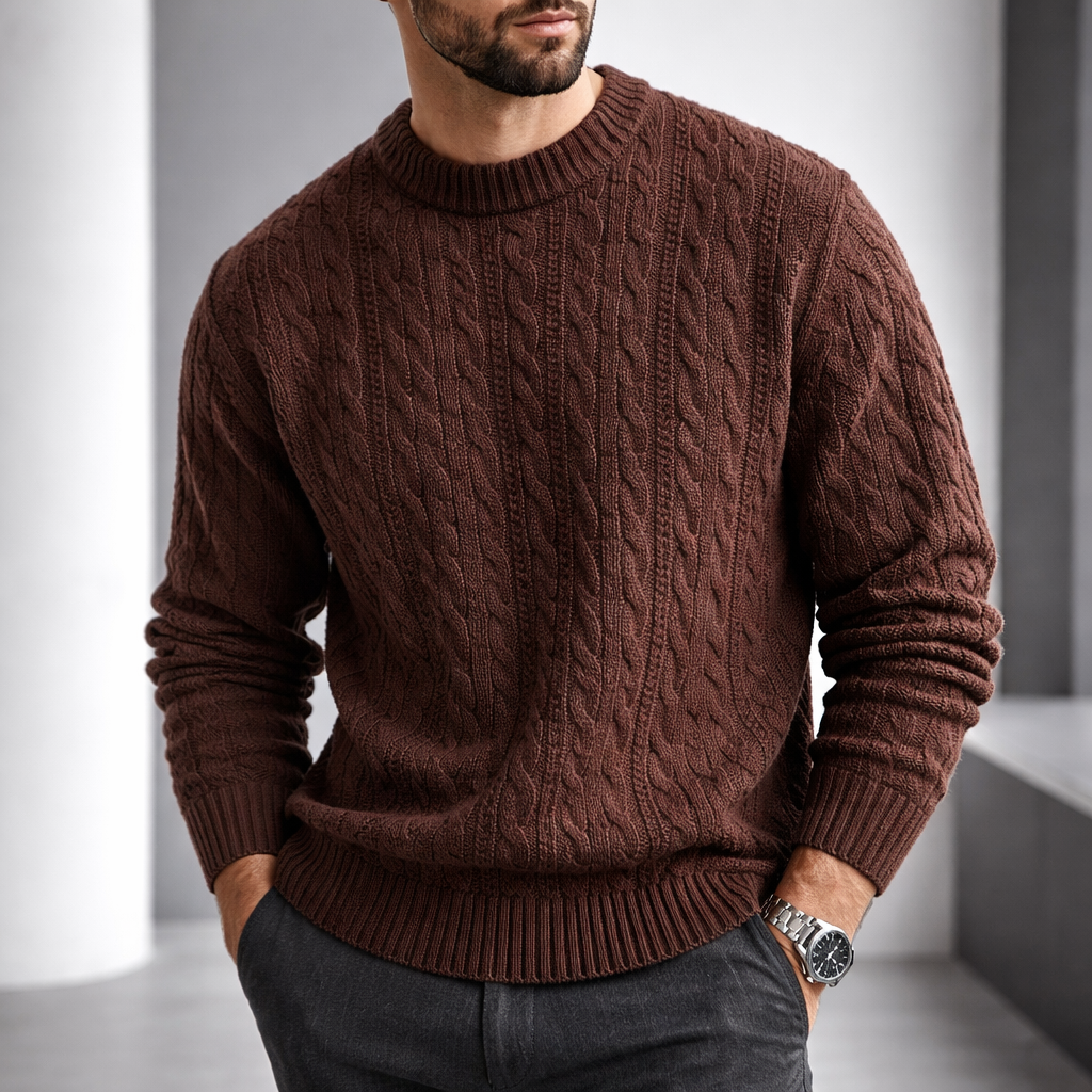 Men's Sweater with Cotton-Blend Cable Knit and Ribbed Crew Neck