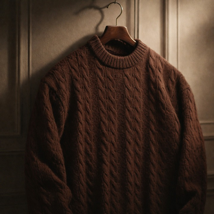 Men's Sweater with Cotton-Blend Cable Knit and Ribbed Crew Neck