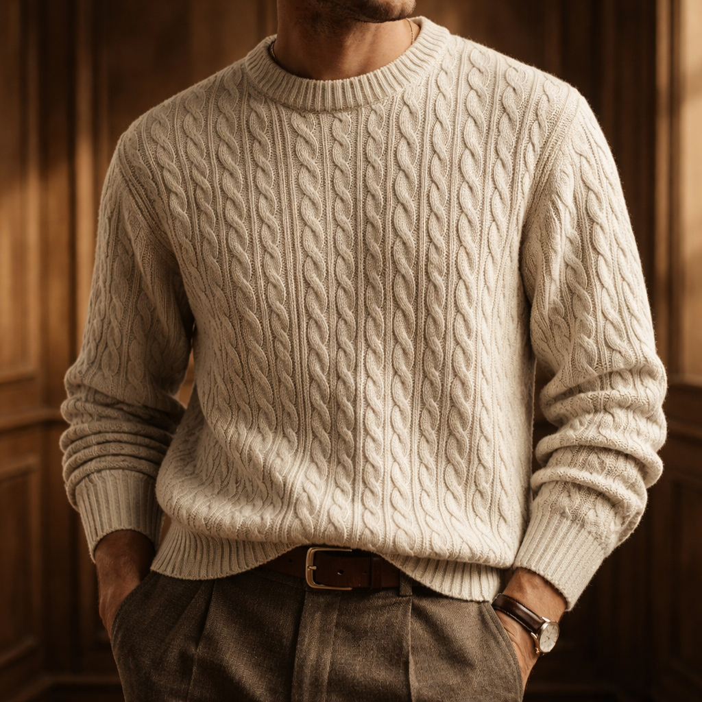 Men's Sweater with Cotton-Blend Cable Knit and Ribbed Crew Neck