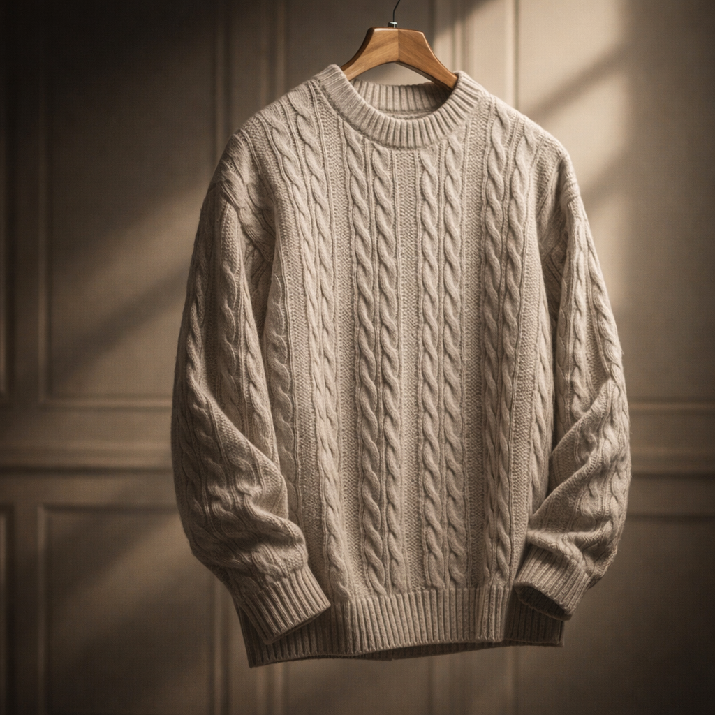 Men's Sweater with Cotton-Blend Cable Knit and Ribbed Crew Neck