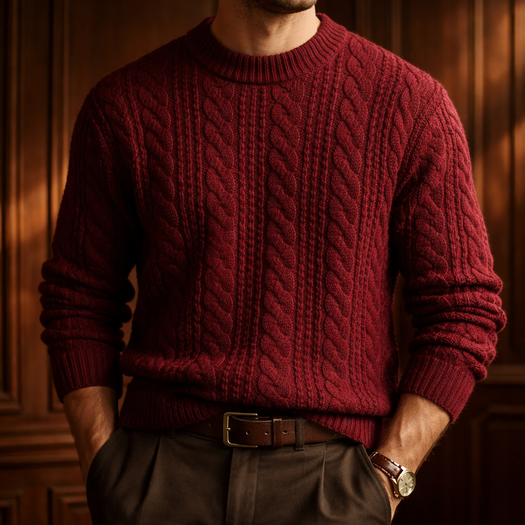 Men's Sweater with Cotton-Blend Cable Knit and Ribbed Crew Neck
