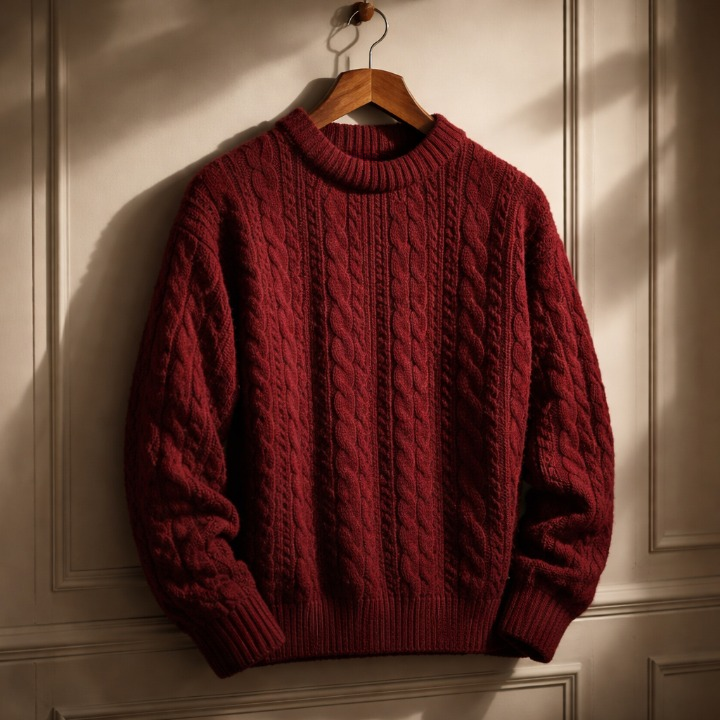 Men's Sweater with Cotton-Blend Cable Knit and Ribbed Crew Neck