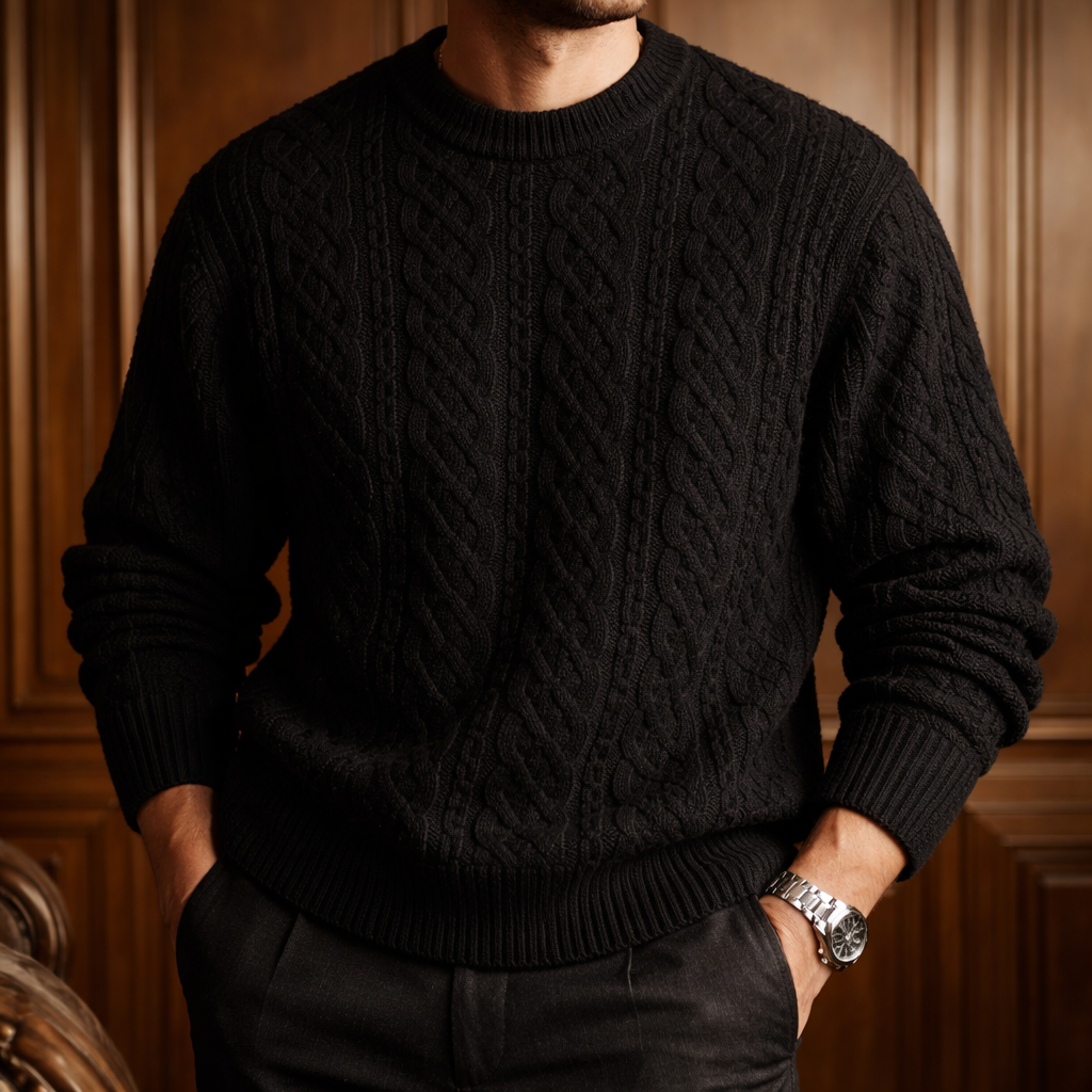 Men's Sweater with Cotton-Blend Cable Knit and Ribbed Crew Neck
