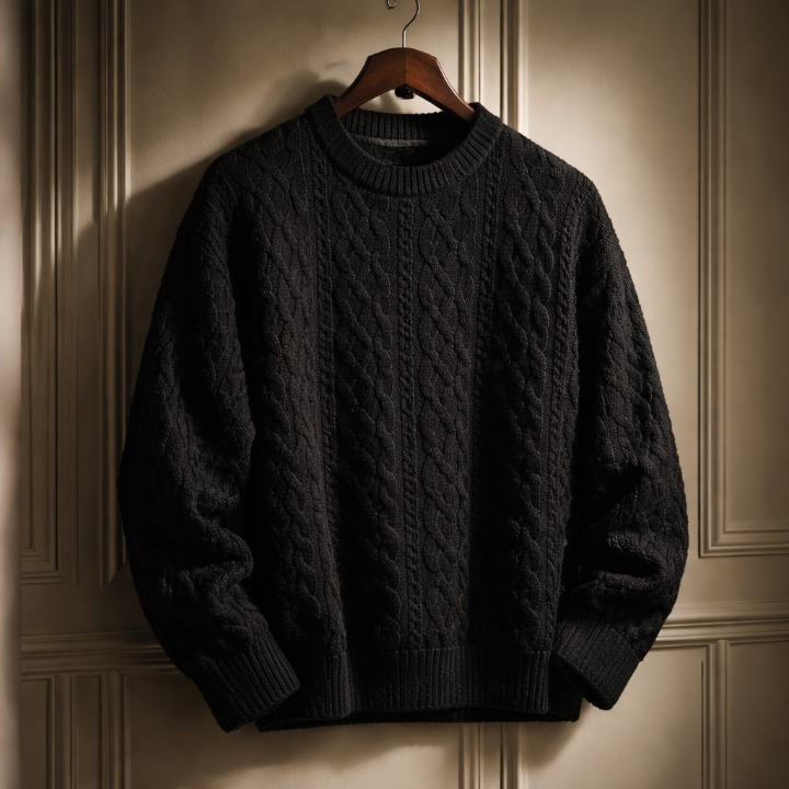 Men's Sweater with Cotton-Blend Cable Knit and Ribbed Crew Neck