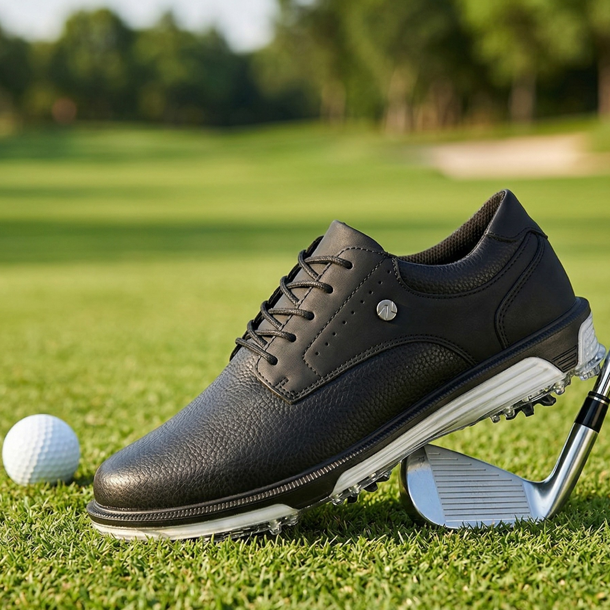 Men's Leather Golf Shoes with Brogue Detailing and Spiked Sole