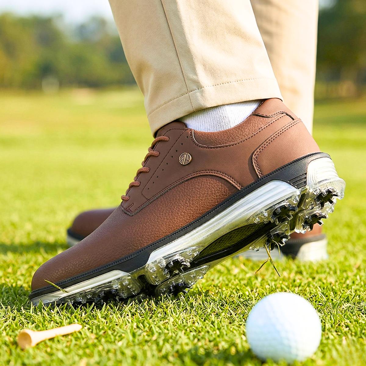 Men's Leather Golf Shoes with Brogue Detailing and Spiked Sole