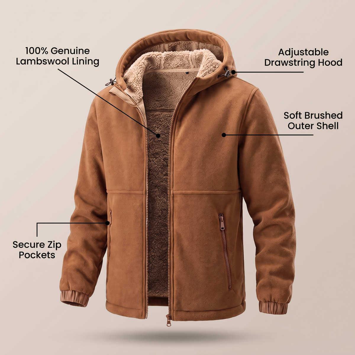 Men's Lambswool Jacket with Adjustable Hood and Zip Pockets