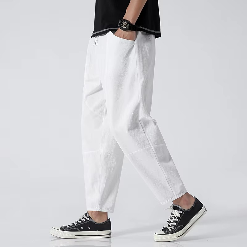 Men's Cotton Cropped Pants with Drawstring Waist and Loose Fit