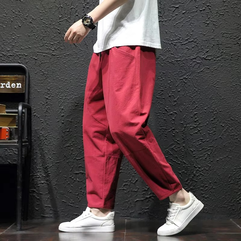 Men's Cotton Cropped Pants with Drawstring Waist and Loose Fit