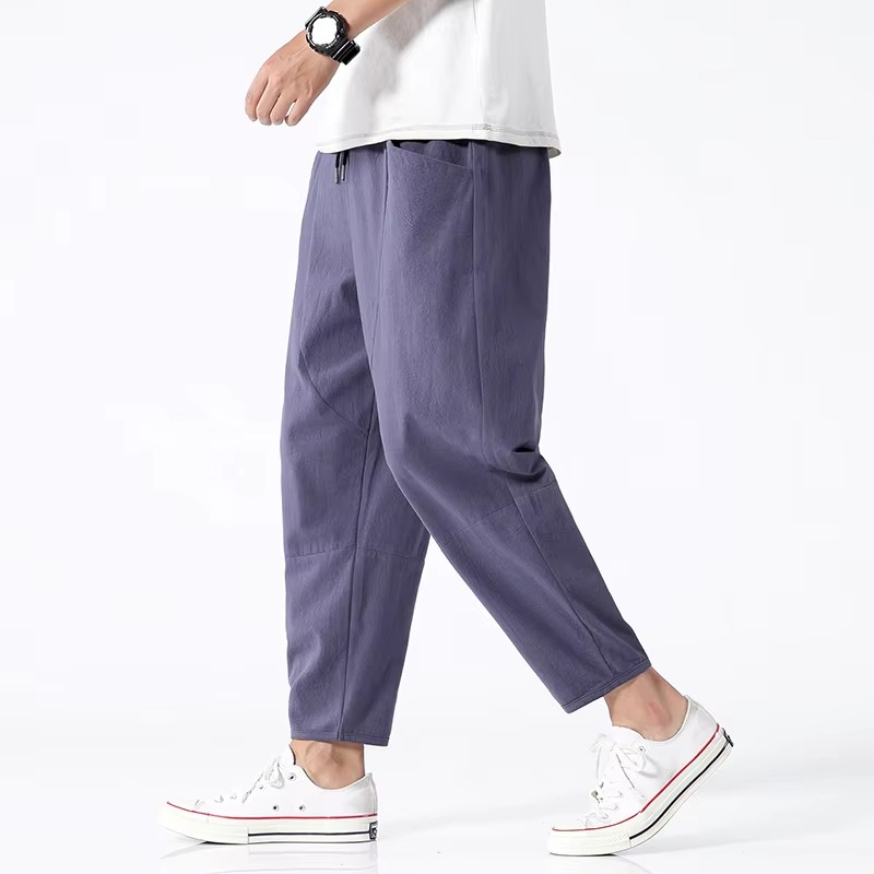 Men's Cotton Cropped Pants with Drawstring Waist and Loose Fit
