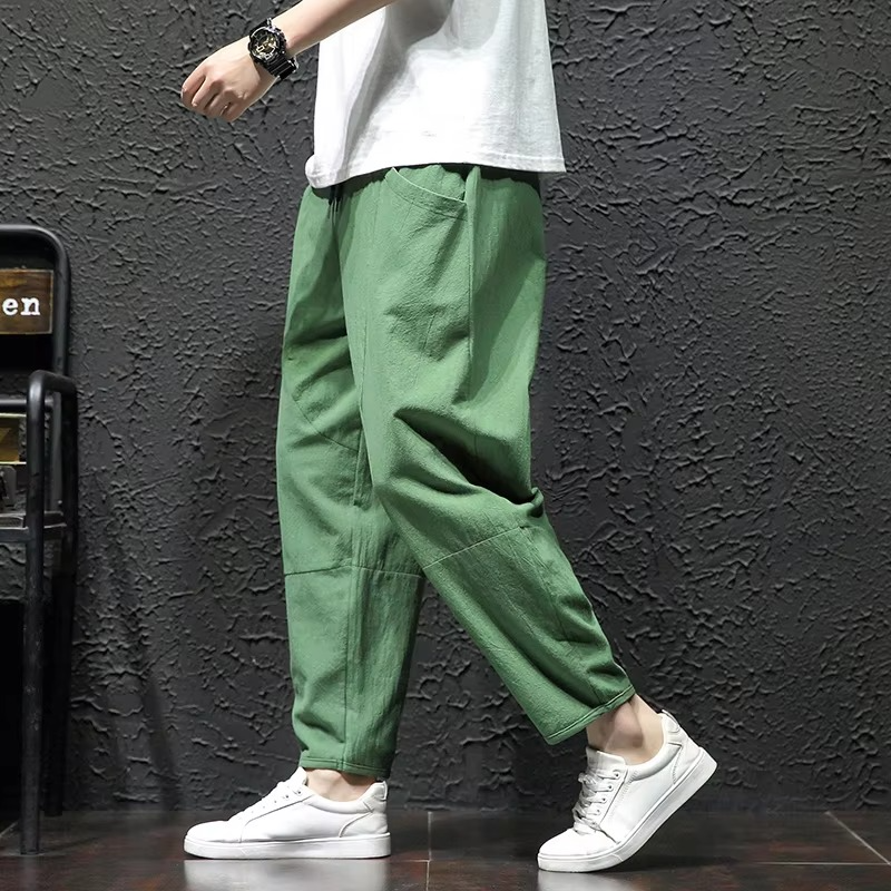 Men's Cotton Cropped Pants with Drawstring Waist and Loose Fit