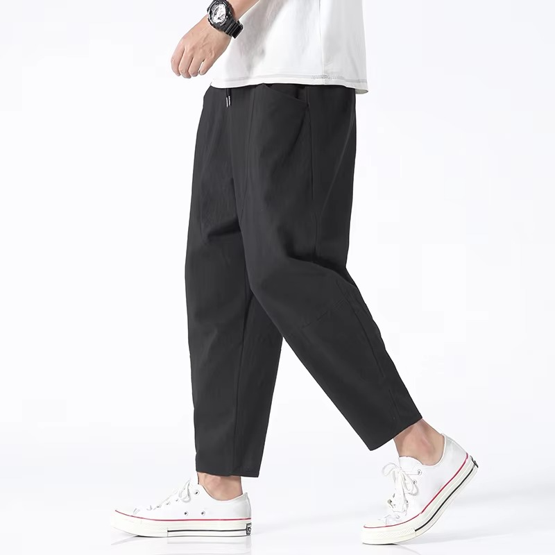 Men's Cotton Cropped Pants with Drawstring Waist and Loose Fit