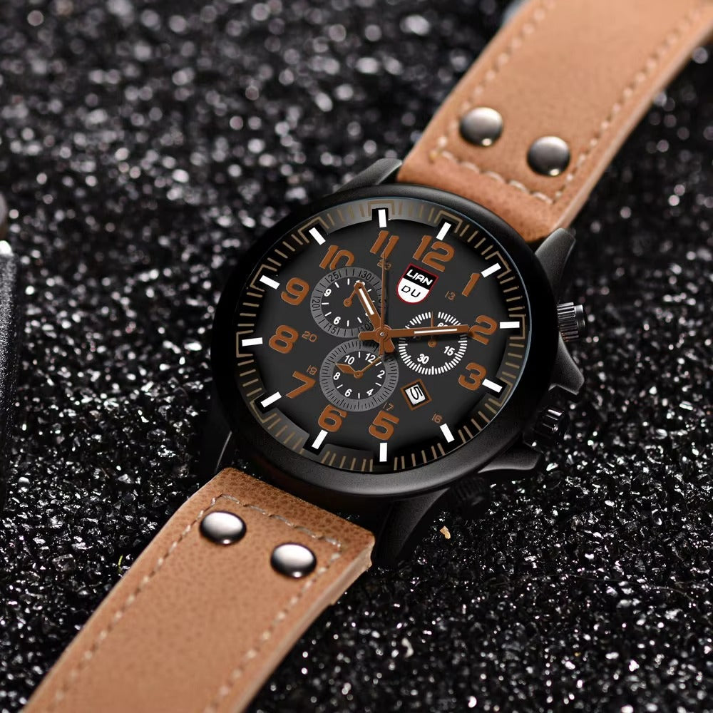 Men's Leather Quartz Watch with Slim Build and Versatile Style
