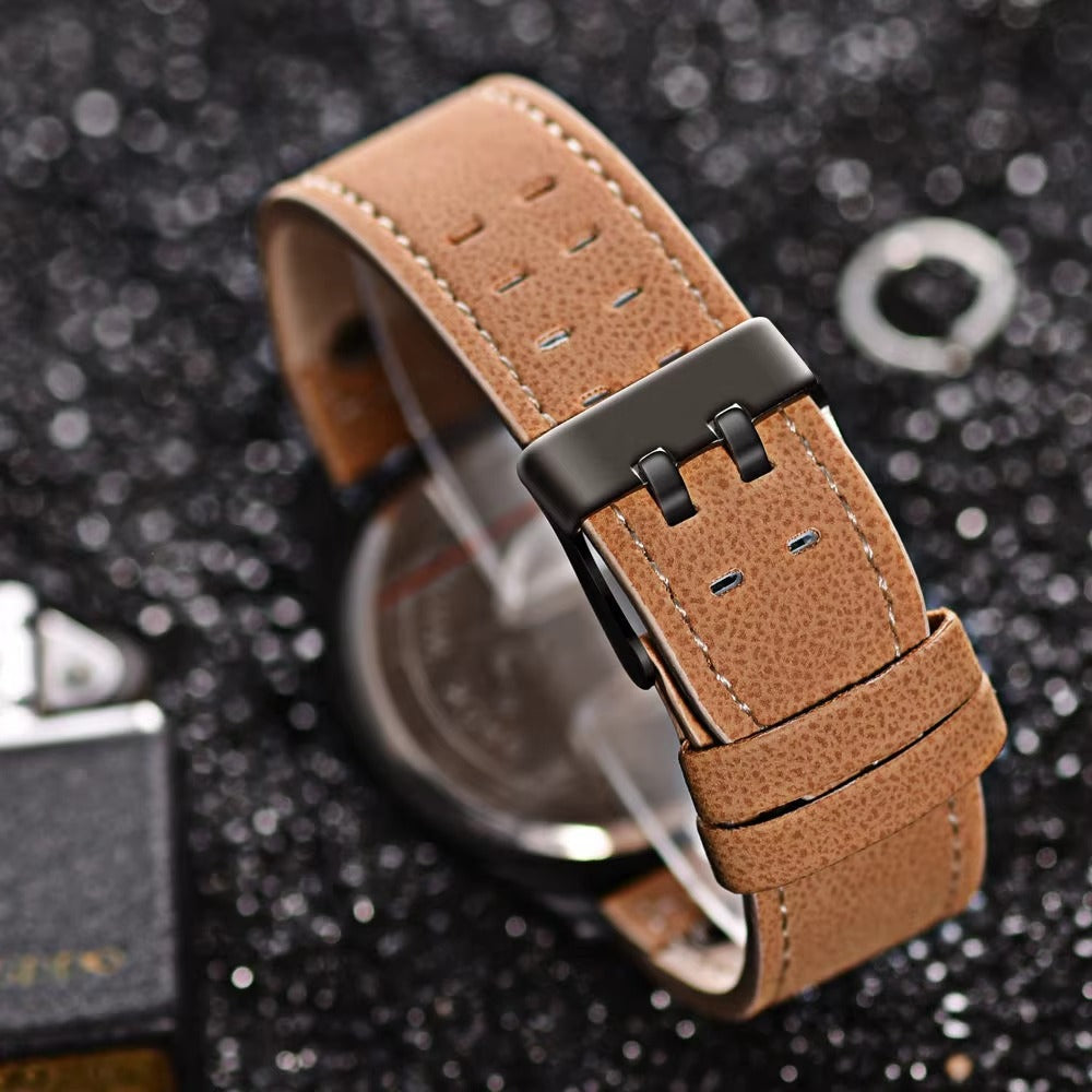 Men's Leather Quartz Watch with Slim Build and Versatile Style