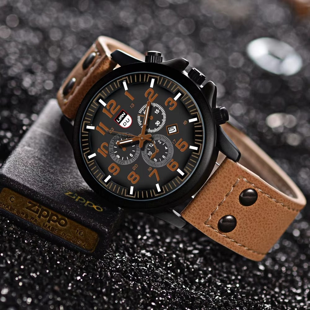 Men's Leather Quartz Watch with Slim Build and Versatile Style