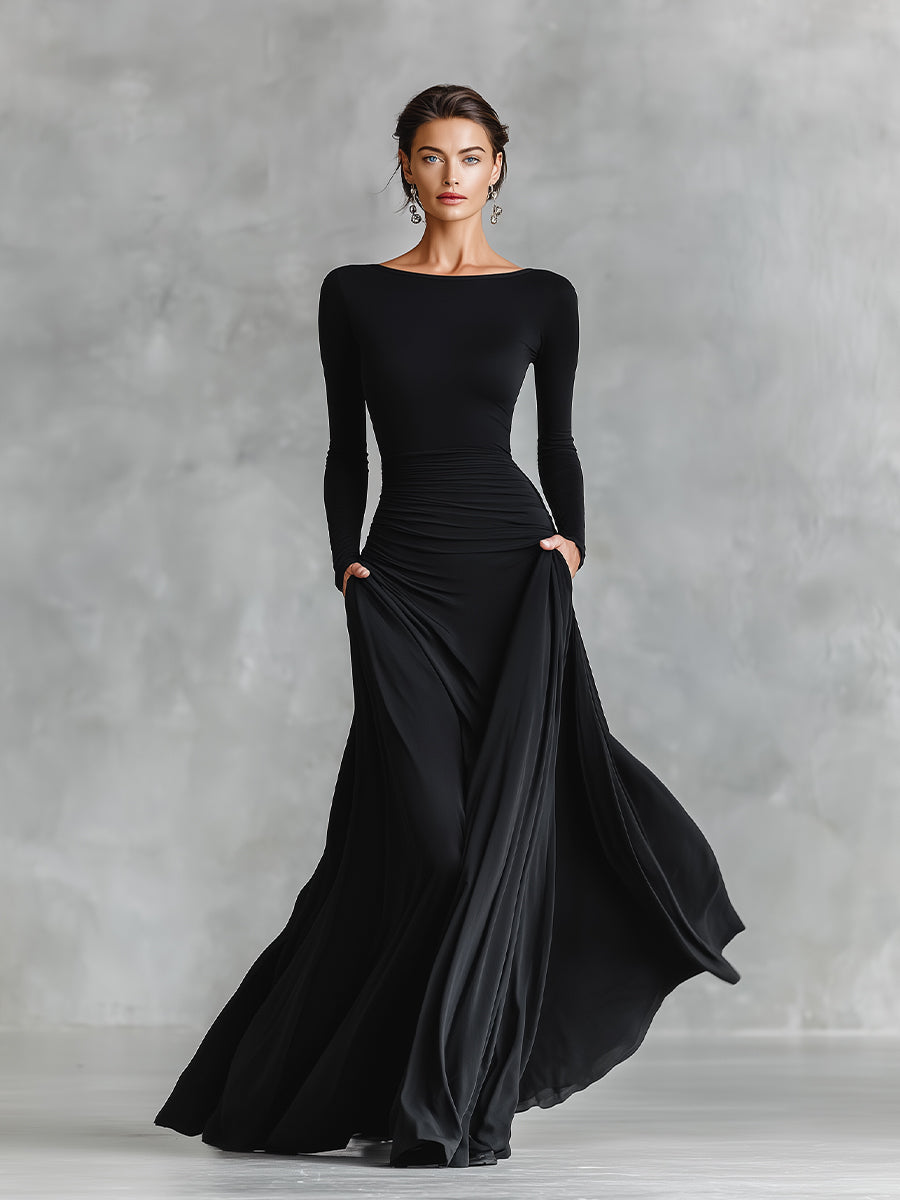 Women's Long-Sleeve Maxi Dress with Boat Neckline and Ruching