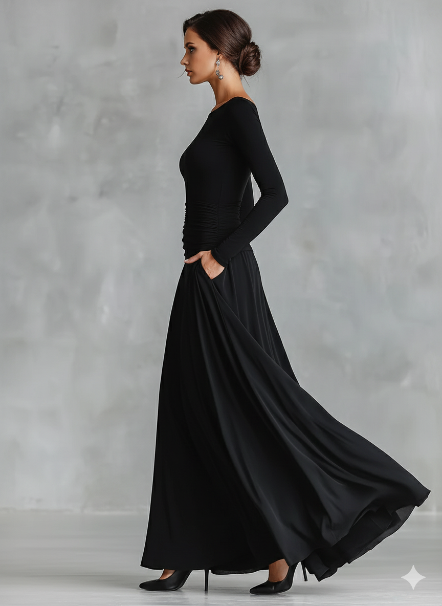 Women's Long-Sleeve Maxi Dress with Boat Neckline and Ruching