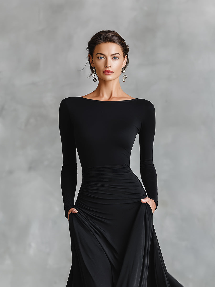Women's Long-Sleeve Maxi Dress with Boat Neckline and Ruching
