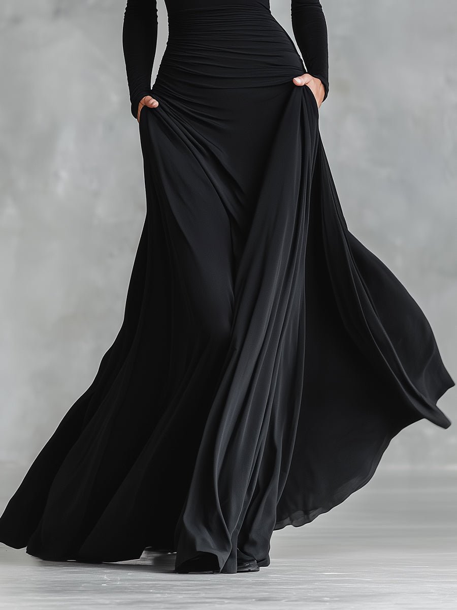 Women's Long-Sleeve Maxi Dress with Boat Neckline and Ruching